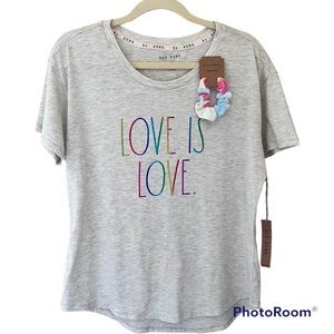 Rae Dunn ‘Love Is’ Gray Crew T Shirt & Velvet Hair Scrunchie L NWT